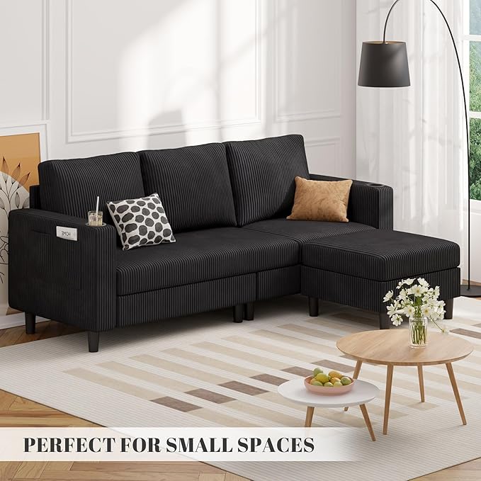 Upholstered Sectional Sofa and Couches, 78'' L Shaped 3-seat Sofa for Living Room, Apartment, Lounge,Bedroom-Washable Covers Convertible Sofas(Corduroy,Black)