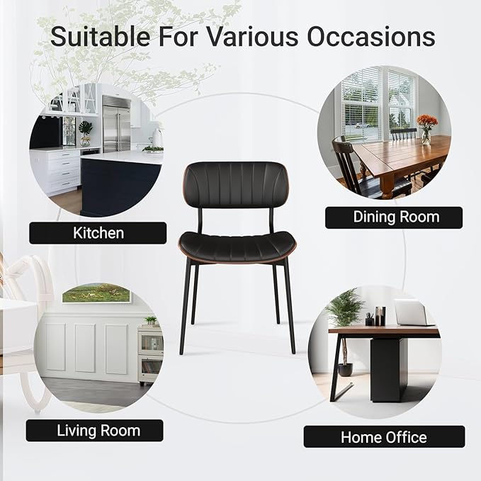 Mid Century Modern Dining Chairs Set of 2,Upholstered Faux Leather Kitchen Chairs with Walnut Bentwood Back and Metal Legs for Kitchen Dining Room Living Room, Black