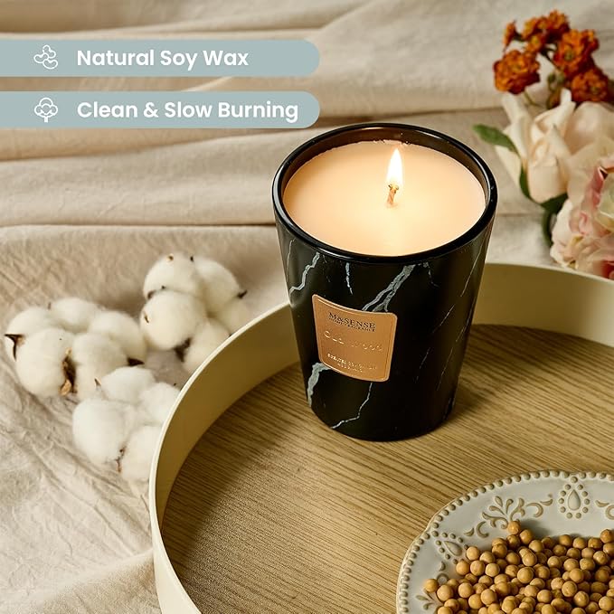M&SENSE Oud Wood Scented Soy Candle, 3 Wick Highly Scented 14.1 Oz 80H, Aromatherapy Christmas Gift for Women and Men