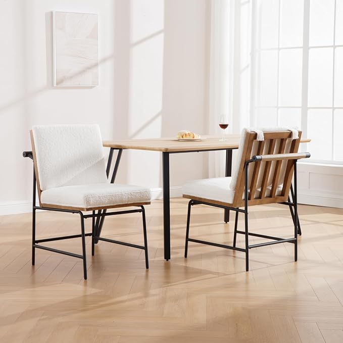 HEAH-YO Modern Dining Chairs Set of 6, Upholstered Sherpa Dining Chairs with Backrests, Armless Dining Room Chairs for Kitchen, Fur White