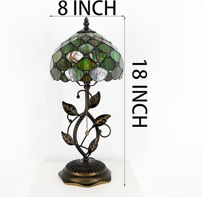 Small Tiffany Lamp Brown Green Pearl Style Stained Glass Table Lamps Desk Bedside Reading Light 8X8X18 Inches with Bronze Metal Leaf Resin Base