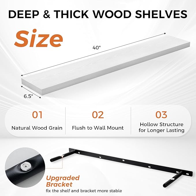 Fun Memories Floating Shelves for Wall, 40 Inch Floating Shelves for Home Decor, Wall Mounted Rustic Wood Shelves, Bathroom, Hanging Deep Shelf for Bedroom, Living Room, Kitchen (White, Set of 2)