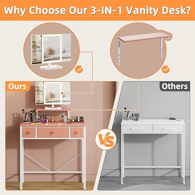 Small Makeup Vanity Desk 27.5''W with Mirror and Lights, Vanity Desk with 3 Fabric Drawers and Height-Adjustable Stand, Vanity Table for Girls Gifts, Bedroom and Small Spaces, Pink