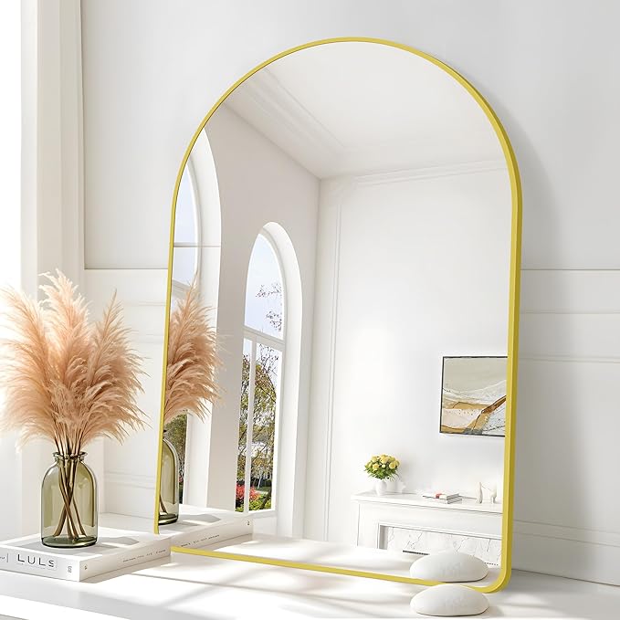 Arched Bathroom Mirror, 24"x36" Gold Arched Mirror for Bathroom, Wall Mounted Mirror, Gold Vanity Wall Mirror w/Metal Frame for Bedroom, Entryway, Living Room, Vertically Hanging