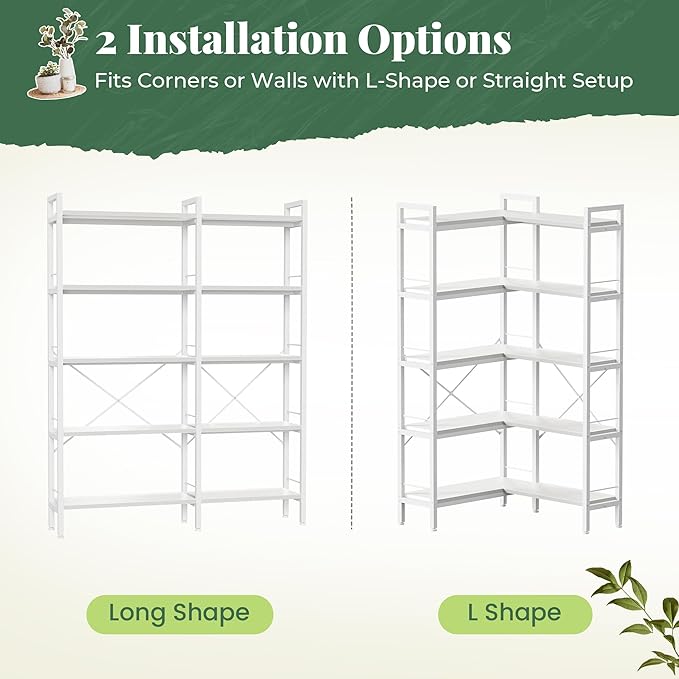 Huuger 5 Tier Bookshelf, L Shaped Corner Bookshelf with 10 Open Shelves, 49.4 Inch Straight Wide Bookcase with Metal Frame and Wooden Board, Adjustable Feet, White