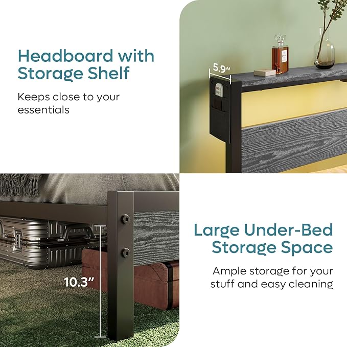 Bestier Full Bed Frame with Headboard Storage and Charging Station, Platform Bed Frame with LED Lights, Non-Slip Metal Bed Frame Full Size, Noise-Free, Easy Assembly, Grey