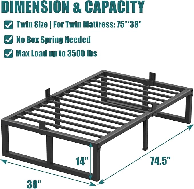 Twin Bed Frames Platform, 14 Inch High 3500 lbs Heavy Duty Metal Platform, Mattress Foundation with Steel Slat Support/No Box Spring Needed/Noise Free/Non-Slip/Easy Assembly