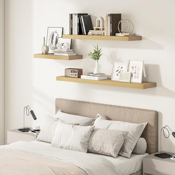 Vivelove 12 Inch Deep Floating Shelves 55 inch Long, 2 Inch Thick Wall Shelves with Invisible Brackets, Shelf for Bedroom Bathroom Living Room Kitchen Office Home Decor, Modern Shelf Set of 2, Oak