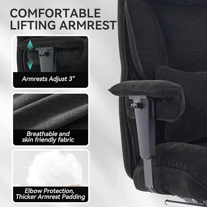 Efomao Executive Office Chair, Soft-Cushioned Computer Chair with Foot Rest, Fabric Home Office Desk Chairs, Big and Tall Office Chairs, Black