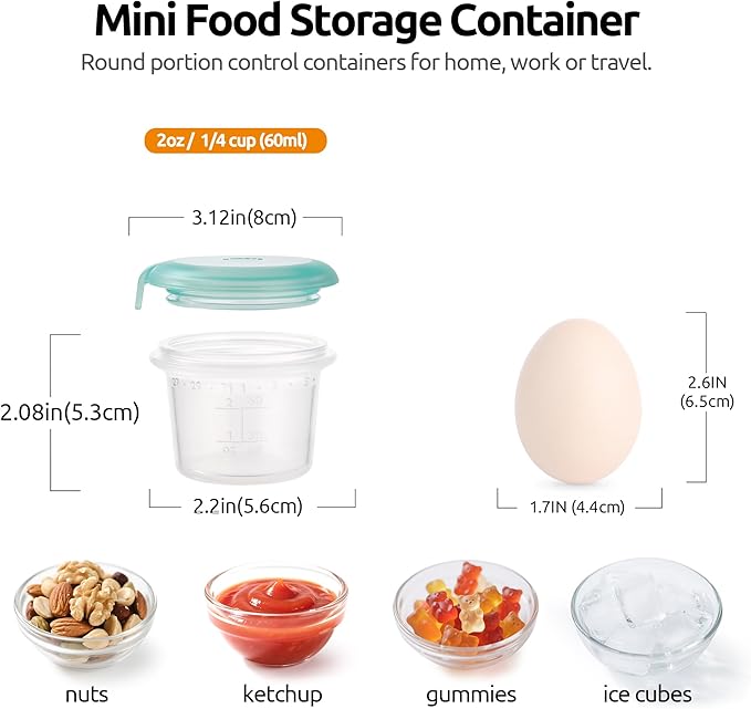 U-Taste 2oz×2 Silicone Food Containers Set: Mini Kitchen Storage with Airtight Lid, Freezer & Microwave Safe, Dip Box with Date Marking Circle, Clear Stackable for Nut, Sauce, Condiment (Aqua Sky)