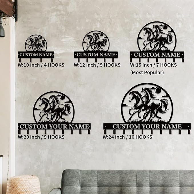 Personalized Custom Name Farm Horse Wall Key Hooks,Metal Horse Art Clothes Hooks,Metal Horse Wall Home Storage Decorative,For Front Door, Hallway, Kitchen, Bedroom,Keys,Hats (Style M)