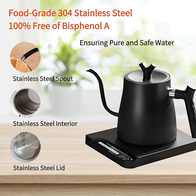 Gooseneck Electric Kettle Temperature Control & Keep Warm, 7 TEMP Control Electric Kettles for Boiling Water,Quickly Heating Kettle Electric Stainless Steel for Coffee & Tea, 800W/1L