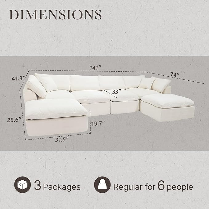Cloud Modular Sectional Sofa Couch,141” U-Shape Sofa with Wide Armrest, Modern High-Density Sponge Compressed Couch for Living Room, Bedroom,No Assembly Needed (White, 4 Seats+ 2 Ottoman)