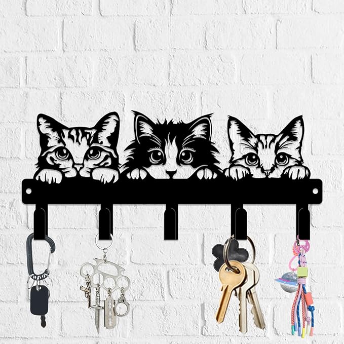 magilab Cat-Themed 10-Inch Iron Key Hooks with 5 Hooks, Black Wall Organizer - Cute Cat Design for Home Decor, No Drill & Screw-in Options (Style A)