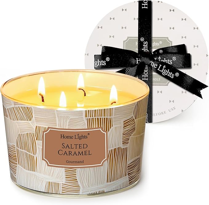 HomeLights Soy Wax Candles for Home Scented, 4-Wick Candles in Salted Caramel Scented, Rustic Modern Aromatherapy Candles Gift for Parties, Relaxing, 18oz
