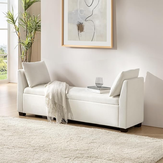 EcoHarbor Living 60" Storage Ottoman Bench with Pillows, Water Resistant Storage Bench End of Bed Upholstered Bedroom Entryway Storage Ottoman Foot Stools, Ivory