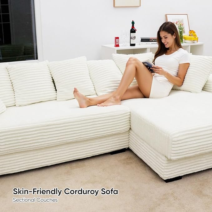 111'' Modern Sectional Cloud Sofa with Chaise, Extra Large Sleeper Couches Corduroy with 8pcs Pillows for Living Room, Bedroom