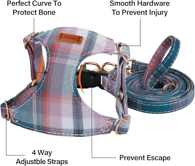 CHEDE No Pull Plain Pattern Dog Harness - Lightweight and Soft, Adjustable for Small and Medium-Sized Dogs, Includes Leash