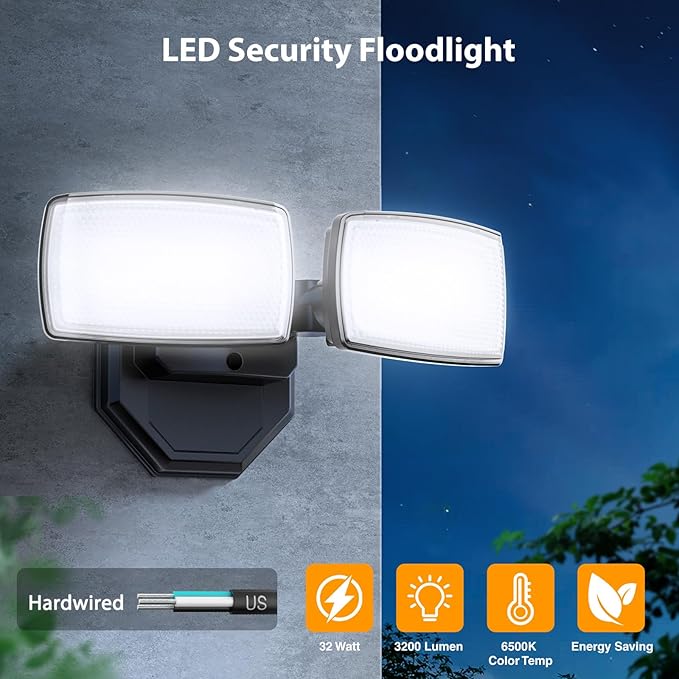 Onforu 3200LM Flood Lights Outdoor, 32W 6500K LED Security Light Manual Switch Controlled, IP66 Waterproof Outdoor Lights, Wall Mount Exterior Flood Light with 2 Adjustable Heads Floodlights Outside