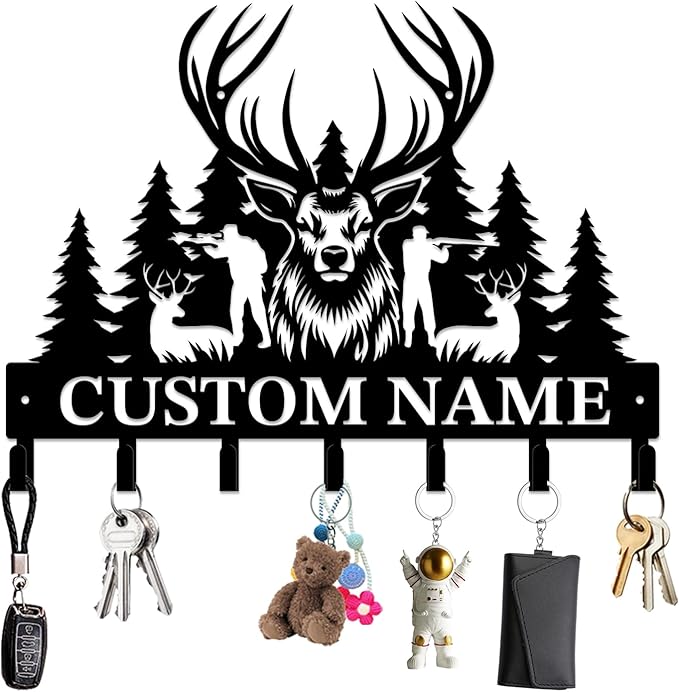 Personalized Custom Name Hunting Deer Wall Key Hooks,Metal Hunting Art Clothes Hooks,Metal Hunting Wall Home Storage Decorative,Hunter For Front Door, Hallway, Kitchen, Bedroom,Keys,Hats (Style F)