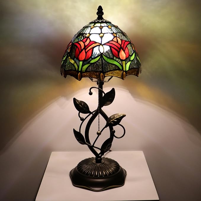 Small Tiffany Lamp Red Tulip Style Stained Glass Table Lamps Desk Bedside Reading Light 8X8X18 Inches with Bronze Metal Leaf Resin Base