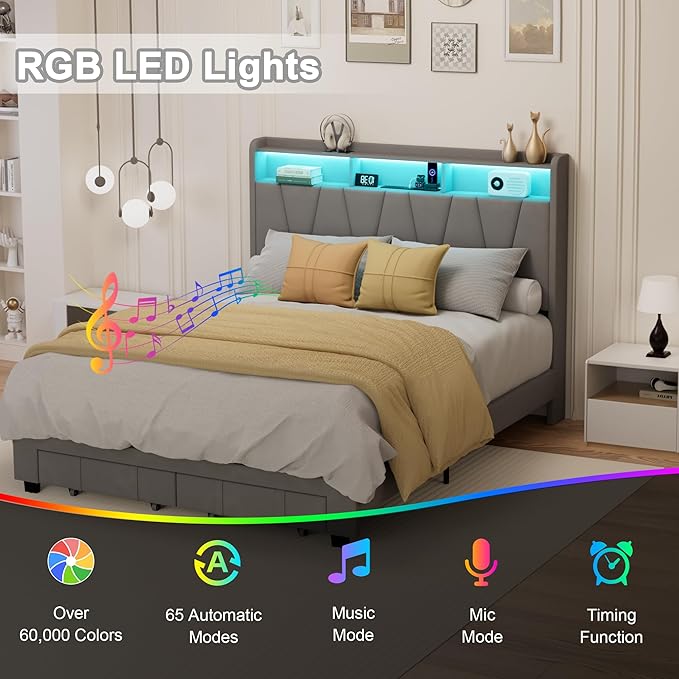 Queen Bed Frame, Velvet Upholstered LED Platform Bed with Headboard Storage, Queen Bed Built-in Charging Station with 2 Drawers, Wood Slat Support, No Box Spring Needed, Grey