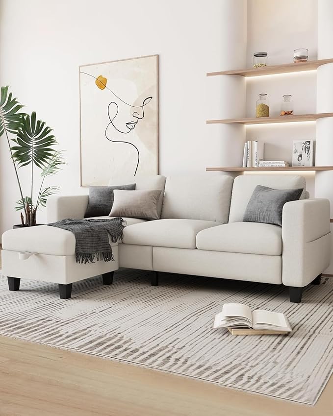 Sectional and Sofa Couches for Living Room, Linen 3-Seat L-Shaped Sofa with Storage Ottoman, Pet-Friendly Washable Fabric, Convertible Couches for Small Apartments, Bedroom, Office