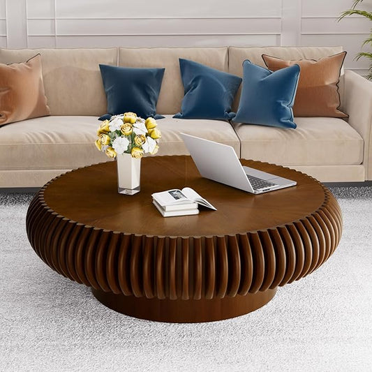 Round Drum Coffee Table for Living Room, Mid Century Modern Coffee Table with Sturdy Pedestal, Farmhouse Fluted Circle Center Table Accent Tea Table for Apartment (Large Walnut)