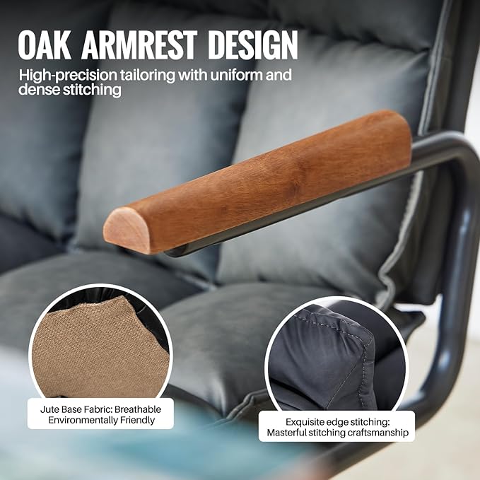 Home Office Desk Chair, Ergonomic Computer Chair with Wheels and Oak Arms, Adjustable Height Rolling Swivel Executive Task Armrests Chair, Charcoal Gray