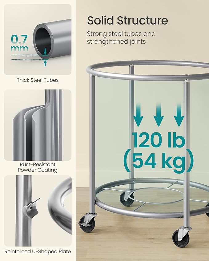 SONGMICS 63.5-Gallon (240 L) Laundry Basket with Wheels, Rolling Round Heavy-Duty Laundry Hamper Cart with Steel Frame and Removable Bag, 2 Locking Wheels, Cream White and Metallic Silver URLS012W01