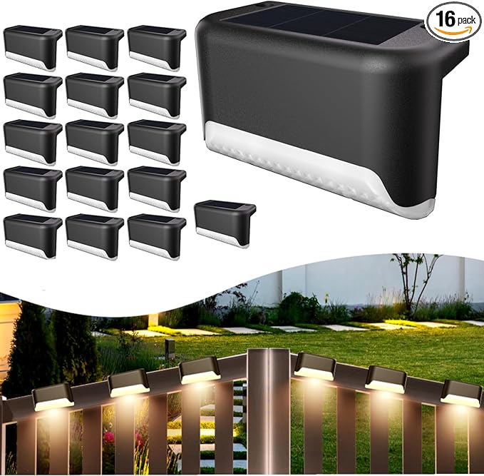 Solar Deck Lights Outdoor, 16 Pcs Solar Step Lights, Waterproof LED Solar Lights for Outdoor Stairs, Step, Fence, Yard, Patio, Railing, Garden and Pathway