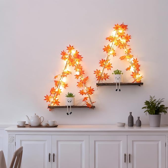 Floating Shelves for Wall, Hanging Shelves with Artificial Maple Leaves LED String Light, No Drilling Hanging Shelf, Wood Hanging Plant Shelves for Wall Décor, Boho Decor, Art Bedroom