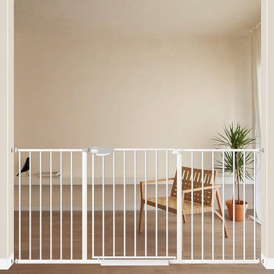 ALLAIBB Triple Lock Extra Wide Baby Gate Pressure Mounted Walk Through Safe Auto Close White Metal Dog Pet Puppy Cat for Stairs,Doorways,Kitchen 49.21-66.54"