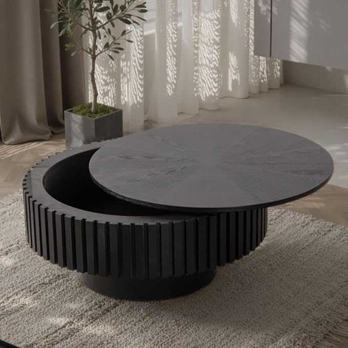 Round Drum Coffee Table with Storage, 31.5" Modern Handcraft Fluted Drum Coffee Table, Wooden Circle Center Table with Sturdy Pedestal for Living Room Apartment (31.5" Black with Storage)