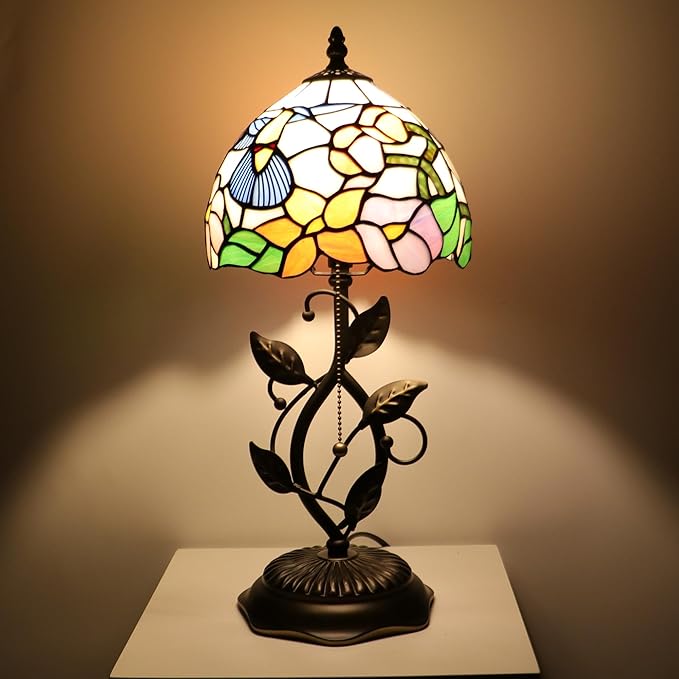 Small Tiffany Lamp Hummingbird Style Stained Glass Table Lamps Desk Bedside Reading Light 8X8X18 Inches with Bronze Metal Leaf Resin Base