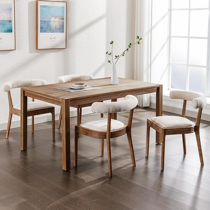 Kmax Dining Room Chairs Mid-Century Modern Fabric Kitchen Chairs with Natural Walnut Finished Frame, Linen Curved Back, Set of 4, Beige