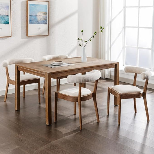 Kmax Dining Room Chairs Mid-Century Modern Fabric Kitchen Chairs with Natural Walnut Finished Frame, Linen Curved Back, Set of 4, Beige