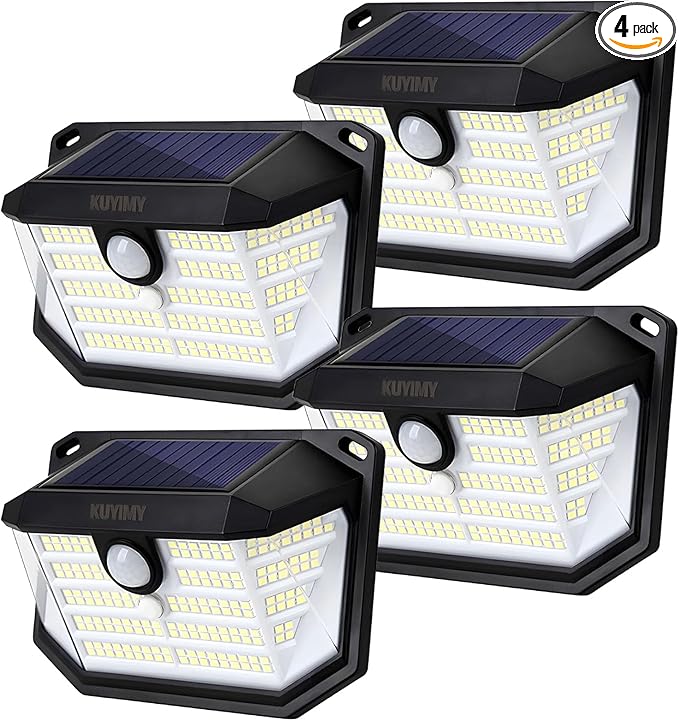 Solar Outdoor Lights, 230 LED with Motion Sensor and 3 Modes, IP65 Waterproof, 270° Wide Angle Light, Easy-to-Install Intelligent Security Wireless Wall Lights for Porch, Garage, Yard(4 Pack)