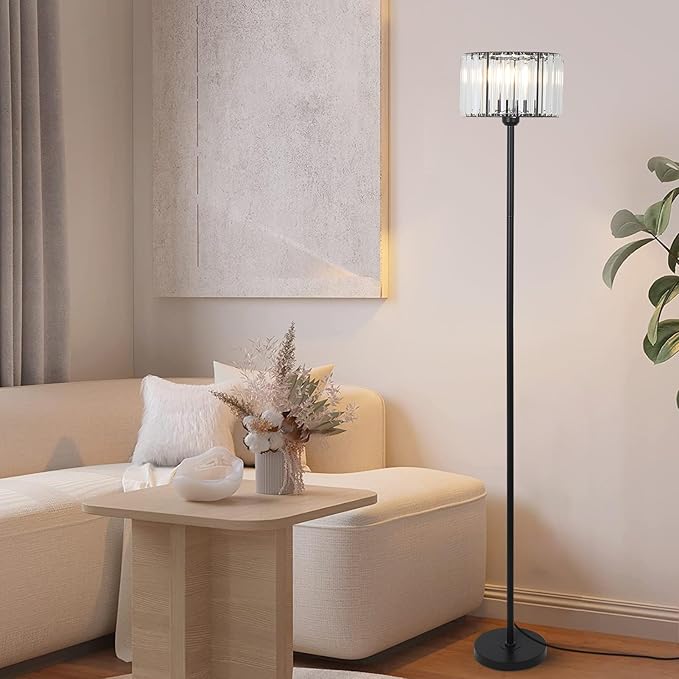 HMVPL Black Floor Lamp for Bedroom, Modern Floor Lamp for Living Room with K9 Crystal Shade, Industrial Standing Lamp with On/Off Switch, Vintage Corner Tall Lamp for Nursery Office Kids Girls Room