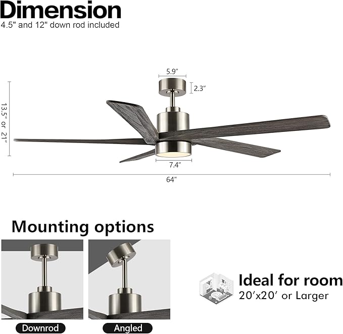 WINGBO 64 Inch DC Ceiling Fan with Lights and Remote Control, 5 Reversible Carved Wood Blades, 6-Speed Noiseless DC Motor, Modern Ceiling Fan in Brushed Nickel Finish with Gray Blades, ETL Listed