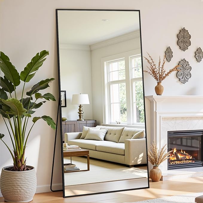 Full Length Mirror, 83"x44" Floor Mirror Freestanding, Oversized Floor Standing Full Body Mirror with Stand for Bedroom, Hanging Mounted for Living Room Cloakroom, Black, Rect