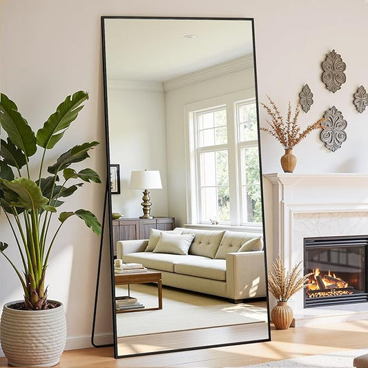 Full Length Mirror, 83"x44" Floor Mirror Freestanding, Oversized Floor Standing Full Body Mirror with Stand for Bedroom, Hanging Mounted for Living Room Cloakroom, Black, Rect