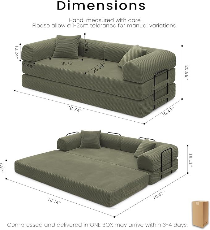Compression Sofa - 79'' Convertible Sofa Bed, Boneless Couch in a Box, Modular Corduroy Foldable Sleeper Sofa with 2 Pillows, Loveseat Couches for Living Room (Corduroy Fabric, Green)