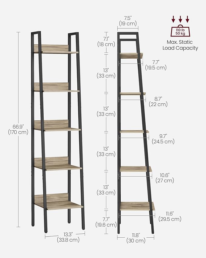 VASAGLE Bookshelf, 5-Tier Narrow Book Shelf, 11.8 x 13.3 x 66.9 Inches, Ladder Shelf for Home Office, Living Room, Bedroom, Kitchen, Camel Brown and Ink Black ULLS109B50V2