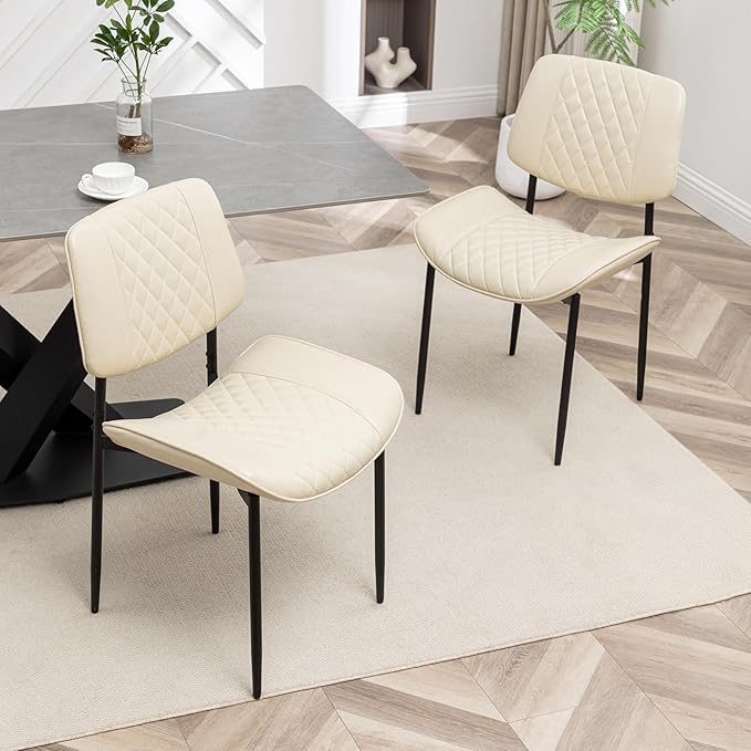 Modern Dining Chairs Set of 2, Leather Dining Chair with Metal Legs, Upholstered Dining Room Chairs for Dining Room, Kitchen, Vanity (Beige)