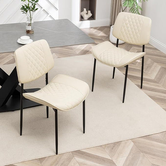 Modern Dining Chairs Set of 2, Leather Dining Chair with Metal Legs, Upholstered Dining Room Chairs for Dining Room, Kitchen, Vanity (Beige)