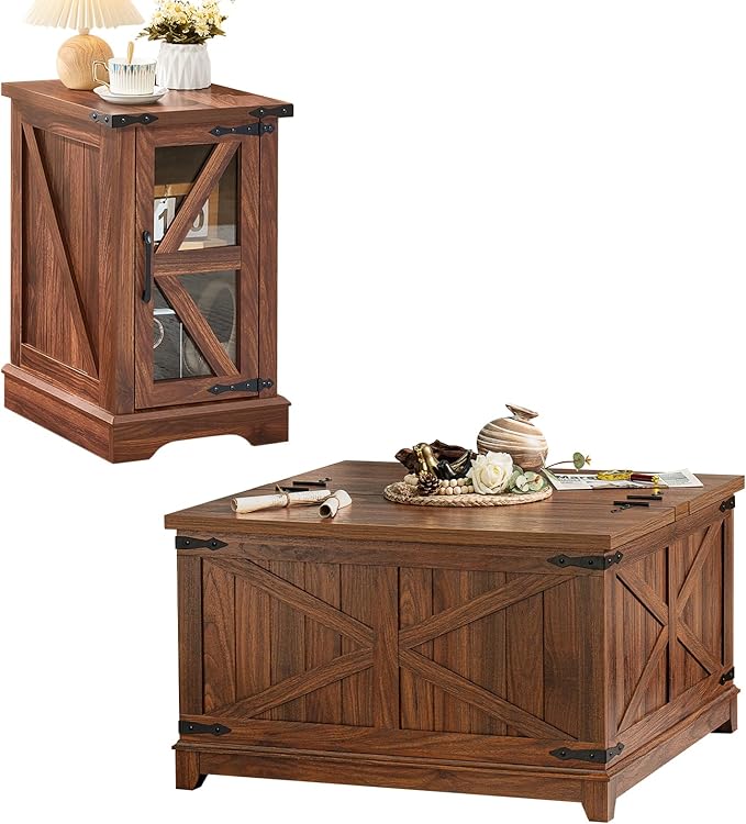 Farmhouse Coffee Table Sets 2 Pieces, Narrow Night Stand with Glass Barn Door Storage, Large Coffee Tables with Hidden Storage Organizer, Wood Furniture Sets for Living Room, Office, Brown