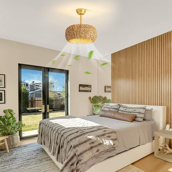 17.7" Caged Rattan Ceiling Fans with Lights, Boho Flush Mount Ceiling Fan with Light, Low Profile Chandelier 6 Speed Bladeless Reversible Ceiling Fan for Living Room Bedroom kitchen island dining room