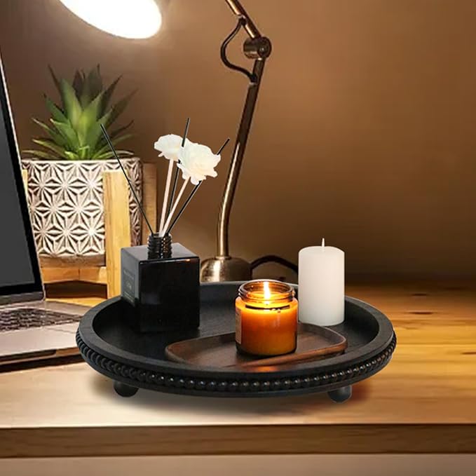 Wooden Beaded Decor Tray for Coffee Table, Rustic Wooden Trays Table Centerpieces, Decorative Trays for Home Decor Kitchen Table Farmhouse Serving Tray (Round Black)