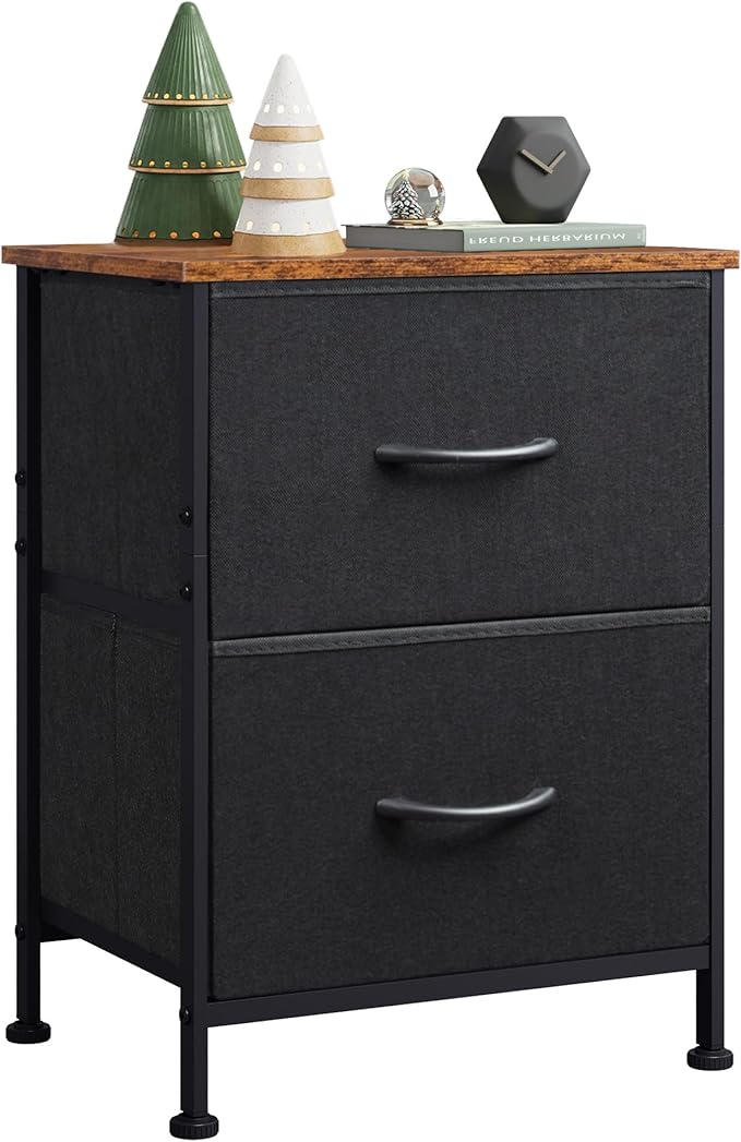 WLIVE Nightstand, 2 Drawer Dresser for Bedroom, Small Dresser with 2 Drawers, Bedside Furniture, Night Stand, End Table with Fabric Bins for Bedroom, Closet, Entryway, Black and Rustic Brown